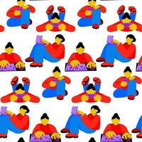 A pattern of girls texting with someone using a laptop and a computer and a phone. Communicates via the Internet. Girls play, communicate, work remotely, shop. A bright character on a white vector
