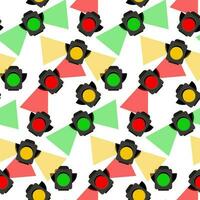 A pattern with traffic lights and different burning colors. Seamless background with a pattern of traffic lights with different lights burning in different directions glow. Children's, educational vector