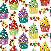 Seamless pattern of eye-catching Halloween cupcakes on a white background. Happy Halloween, scary sweets. Cartoon pattern with colored monsters with eyes and candy in the form of human eyes vector