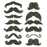 un conjunto de gráfico íconos con un hipster Bigote. un grande colección de bigotes con lugares y lineal textura. vector ilustración, elementos para toppers para un día festivo, un foto disparo. barbería