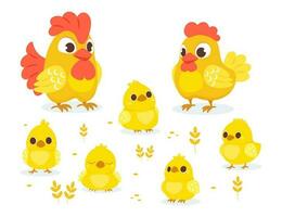 Cute chicken family with their chickens in cartoon style. Vector illustration of an adult hen, rooster and chicks on a white background.