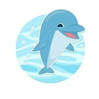 Cute sea dolphin on the background of sea waves. Vector illustration in modern style for your design. Sticker template on a white background.