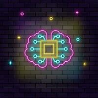 Brain, mechanism, intelligence icon , neon on wall. Dark background brick wall neon icon. vector