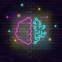 Brain, intelligence icon , neon on wall. Dark background brick wall neon icon. vector