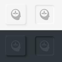 Consciousness, learning, biology, neomorphism style, vector icon with button. On black and white background