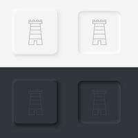 Building tower outline icon. Neumorphic style button vector iconon black and white background set