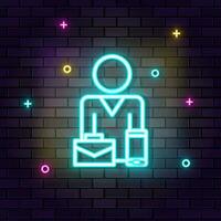 Briefcase, businesswoman, multicolor neon icon on dark brick wall. vector