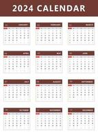 Monthly calendar template of year 2024. Vector design