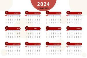 Monthly calendar template of year 2024. Vector design