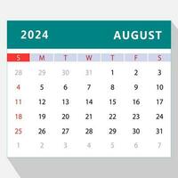 August 2024 calendar template. Vector design