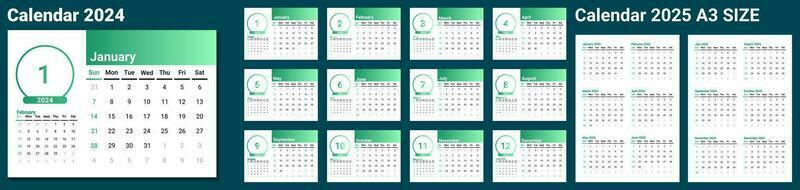 Template of calendar 2024 and calendar 2025. A5 Desk calendar 2024 with minimal design and green gradient.2 page A3 2025 wall calendar. Sunday as weekend. week start on Sunday. vector