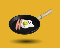 Vector 3d Realistic Black Empty Frying Pan Icon Set Isolated on Yellow Background. Design Template for Mockup. Food, Breakfast Concept. Top and Front or Side View. Egg and sausages photo