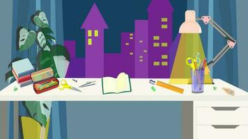 Vector illustration of Students workplace with textbook, lamp, window, plant in flat design style. Evening class