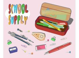 Vector set of school supplies. Back to school background with stationery, pencil case and compasses