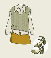 Sketch of a stylish Knitted Vest with blouse and skirt. Hand-drawn. llustration for magazines, shops and websites. Color olive vector