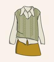 Sketch of a stylish Knitted Vest with blouse and skirt. Hand-drawn. llustration for magazines, shops and websites. Color olive vector