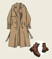 Simple line drawing illustration of a trench coat and stylish shoes. Beige style, female cloth, trendy image vector