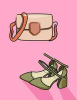 De las mujeres Zapatos y bolso. ilustración aislado en rosado antecedentes. moderno estilo. mano dibujado, de moda Mira vector