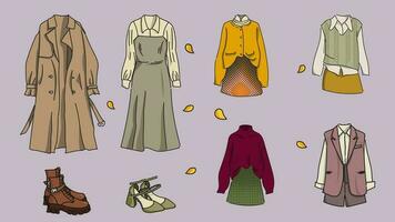 conjunto de mujer ropa y accesorios. conjunto de mujer s otoño imagen. de moda moderno diseño para pancartas de ropa y calzado historias. Moda accesorios para muchachas vector