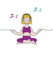 Girl meditates, listens to music with headphones. One-line illustration, Colorful modern and stylish vector. Cozy time, yoga vector