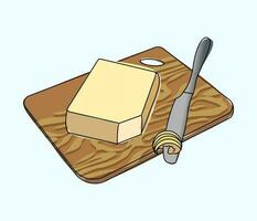 Butter on a Wooden board, Kitchen metal Knife. Flat vector with black outline, cartoon