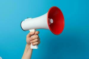 Megaphone in hands on a blue background photo