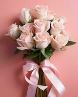 hermosa rosas ramo de flores con rosado cinta foto