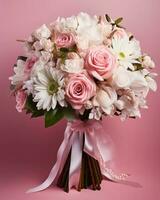 beautiful roses bouquet with pink ribbon photo