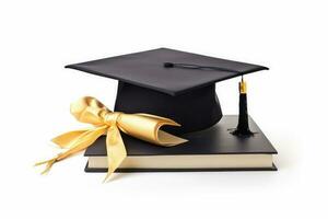 view of stacked books and graduation cap for education day photo