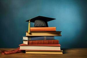 view of stacked books and graduation cap for education day photo