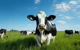 Portrait of cow on green grass with blue sky photo