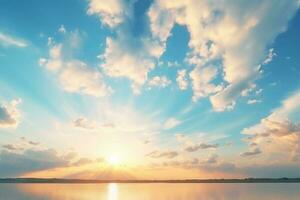 Beautiful dramatic sunset sky with orange and blue colored clouds photo