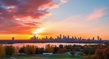 The city skyline at sunset and trees photo