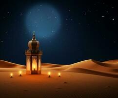 Arabic lantern with burning candle shining at night moon over sandy desert photo