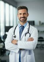 médico hombre adulto en pie Derecho en hospital oficina foto