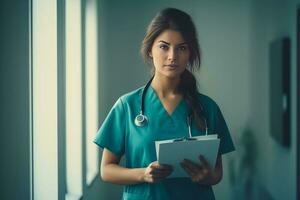 médico mujer adulto en pie Derecho en hospital oficina foto