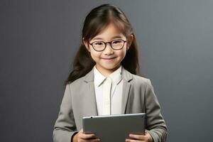 little girl holds tablet photo