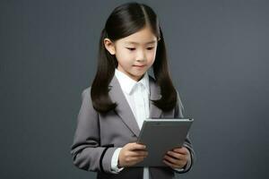 pequeño niña sostiene tableta foto