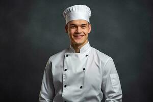 contento joven cocinero posando en uniforme foto