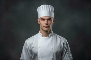 contento joven cocinero posando en uniforme foto