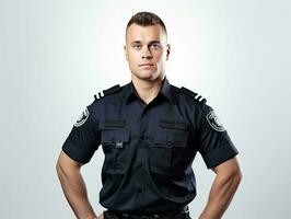 a man wearing a police uniform stands against a gray background. photo