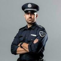 un hombre vistiendo un policía uniforme soportes en contra un gris antecedentes. foto