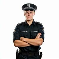 a man wearing a police uniform stands against a white background. photo