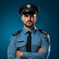 un hombre vistiendo un policía uniforme soportes en contra un azul antecedentes. foto