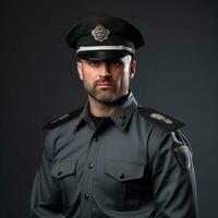 a man wearing a police uniform stands against a gray background. photo