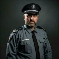 a man wearing a police uniform stands against a gray background. photo