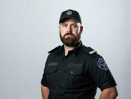 a man wearing a police uniform stands against a gray background. photo