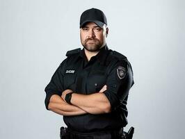 un hombre vistiendo un policía uniforme soportes en contra un gris antecedentes. foto