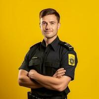 a man wearing a police uniform stands against a yellow background. photo