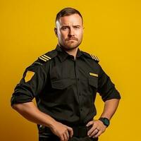 a man wearing a police uniform stands against a yellow background. photo